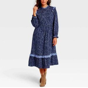 Universal Threads Blue Floral Prarie Boho Midi Balloon Sleeve Dress Size L